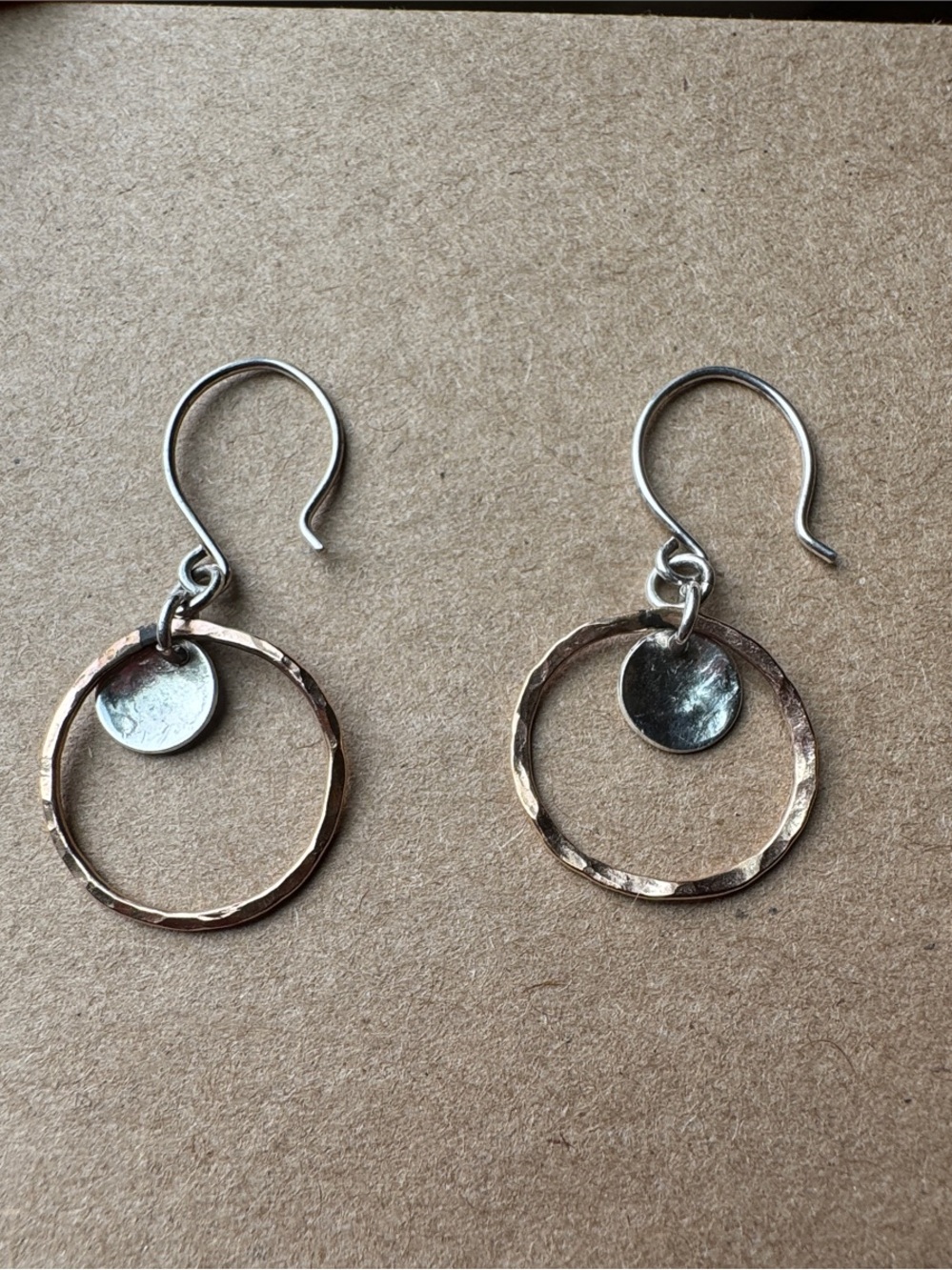 Sterling Silver & Hammered Copper Hoop Drop Earrings